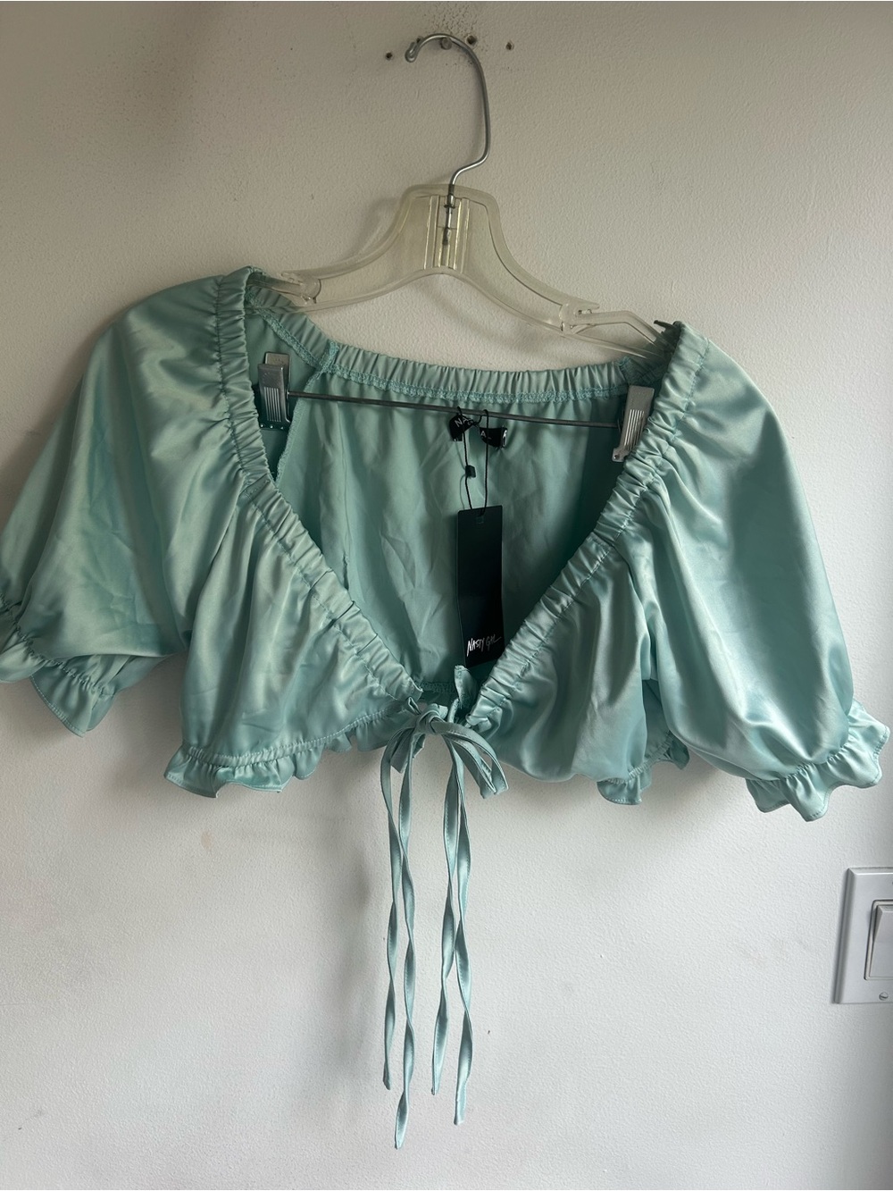 Nasty Gal satin tie-front crop top- sage green. Size 4. New with tags!